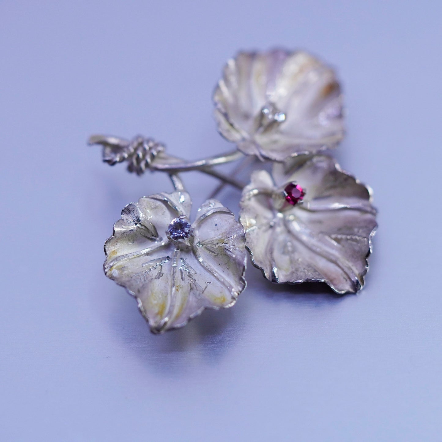 Vintage sterling silver handmade brooch, 925 leaves pin with crystal