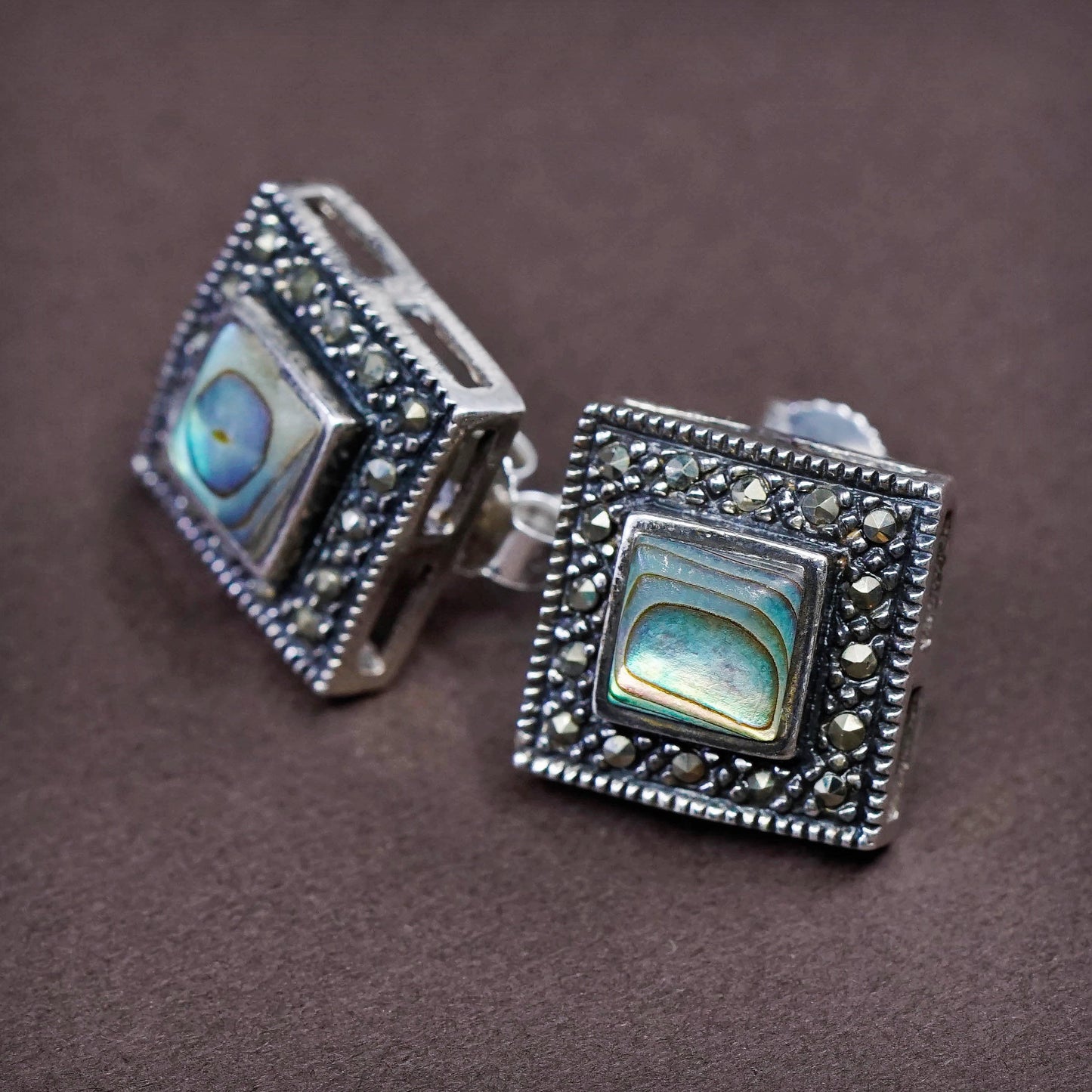 vtg Sterling Silver Handmade Earrings, 925 Square studs w/ abalone N Marcasite