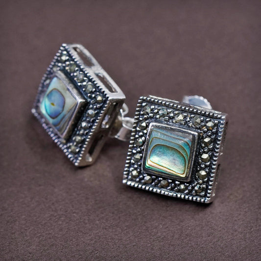 vtg Sterling Silver Handmade Earrings, 925 Square studs w/ abalone N Marcasite