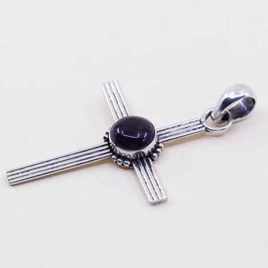 vtg Sterling 925 silver handmade pendant with amethyst and ribbed, modernist