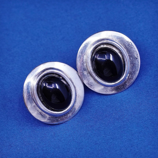 vtg sterling silver handmade earrings, 925 Oval studs w/ obsidian