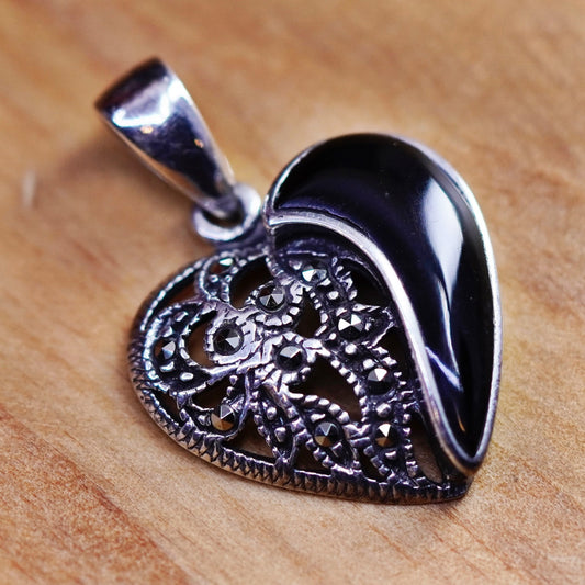 Vintage Sterling 925 silver handmade charm pendant w/ heart obsidian marcasite