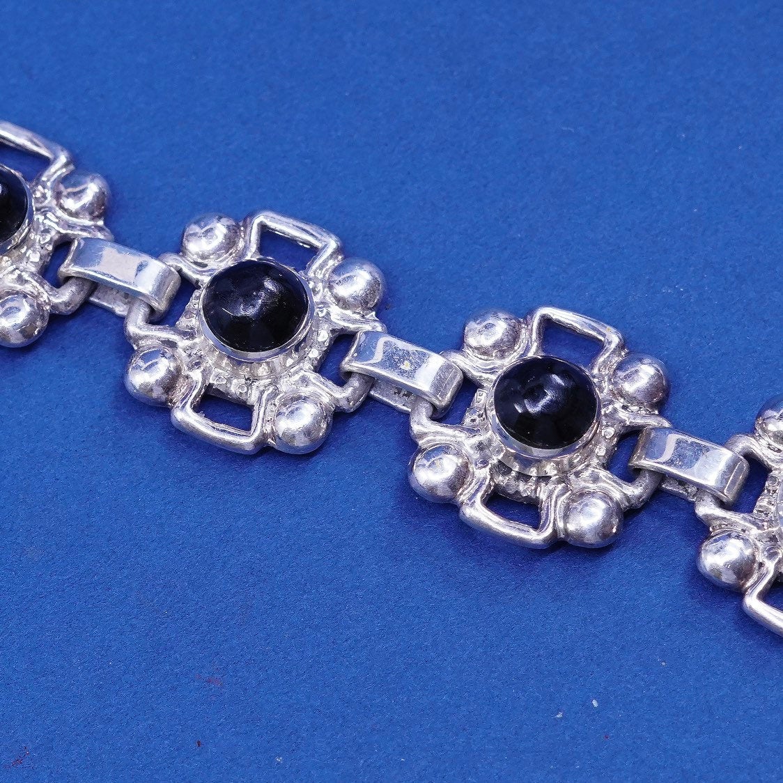 7.25", vtg Sterling silver handmade bracelet, 925 flower w/ onyx