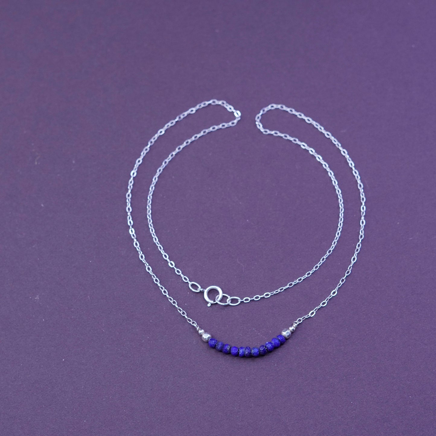 18”, sterling silver handmade necklace, 925 circle chain with lapis bar pendant
