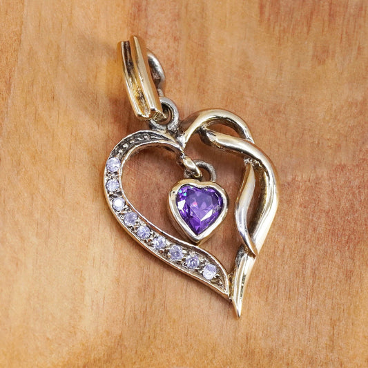 vermeil gold over sterling 925 silver pendant, heart with amethyst and diamond