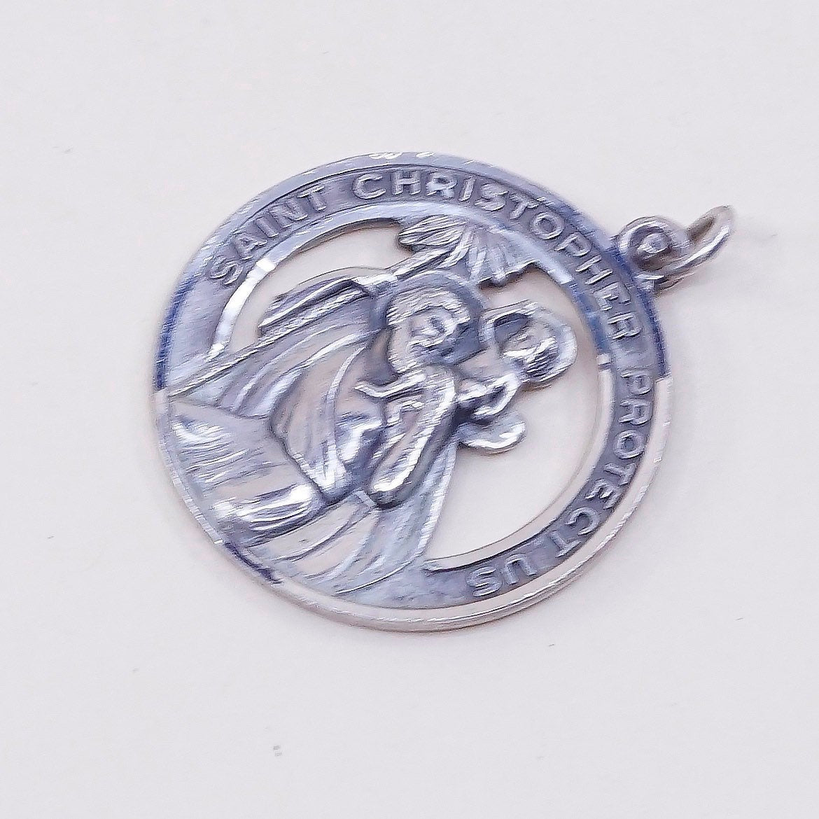 VTG sterling oval charm, 925 pendant w/ “Saint Christopher protect us"