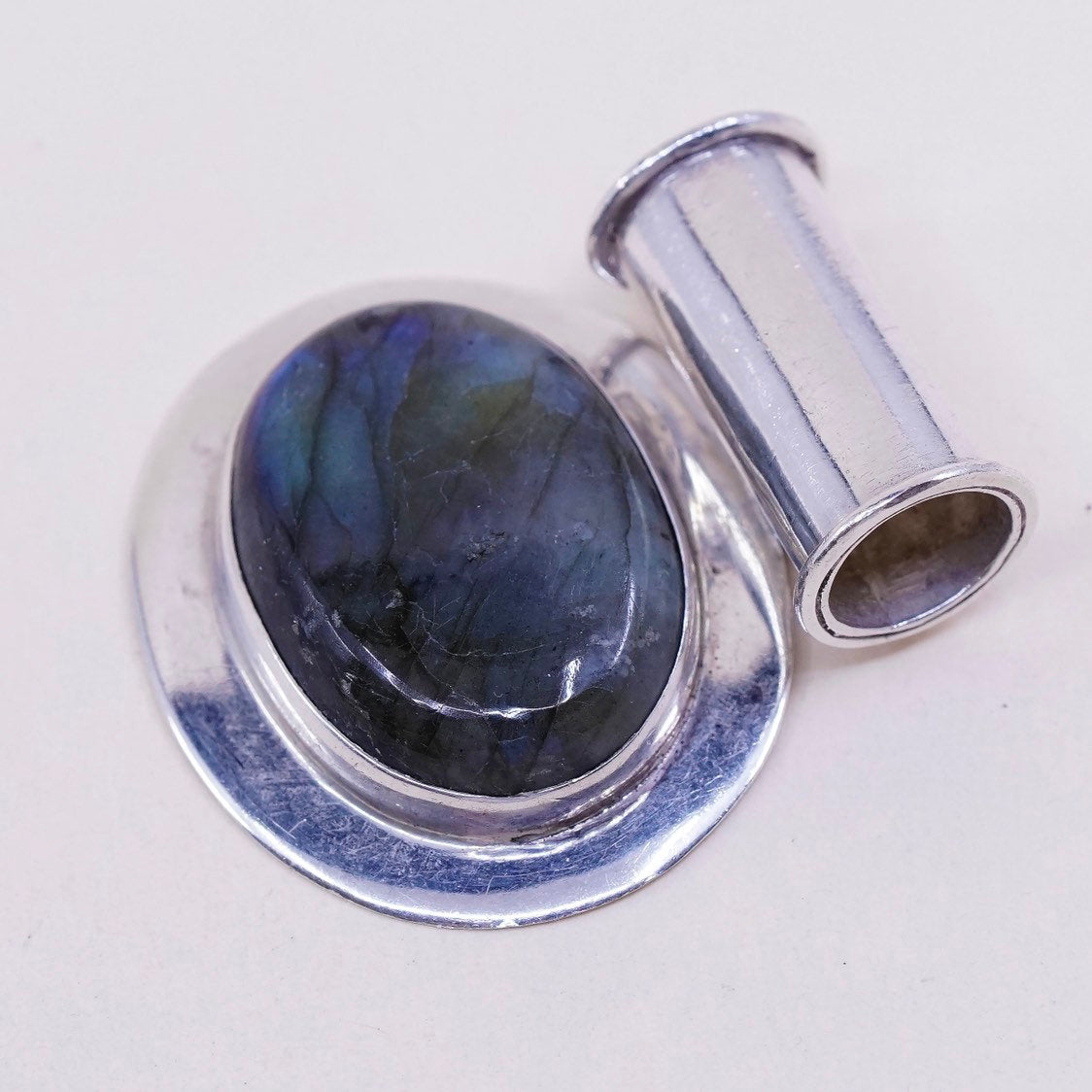 VTG Sterling silver handmade slide pendant, Mexican 925 W huge oval labradorite