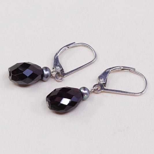 vtg Sterling silver handmade earrings, 925 beads w/ checker cut garnet beads