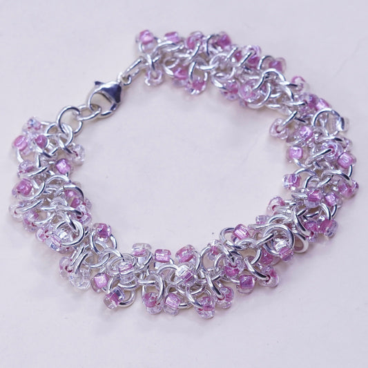 6.75”, Vintage sterling silver bracelet, 925 circle chain cluster pink beads