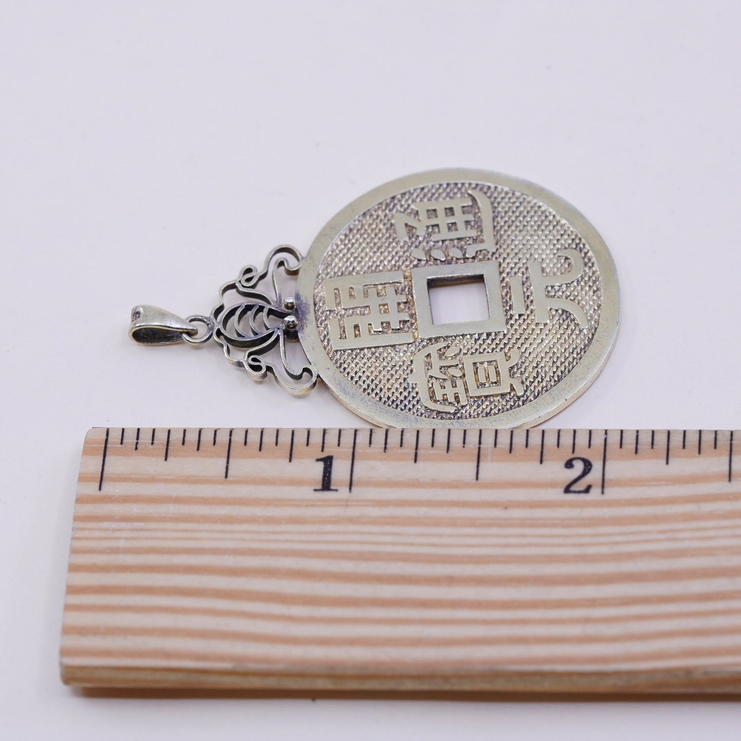 vtg Sterling 925 silver handmade filigree pendant, brass ancient Chinese coin
