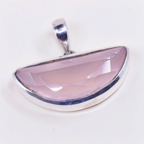 vtg MRT handmade sterling silver charm, 925 silver pink quartz pendant