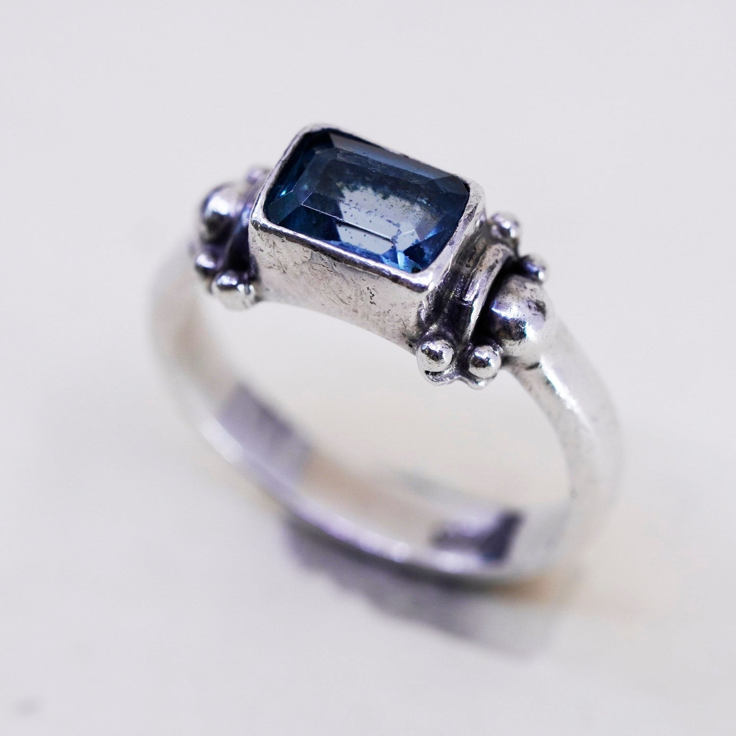 Size 5.75, vtg Sterling silver statement ring, 925 stackable band blue topaz