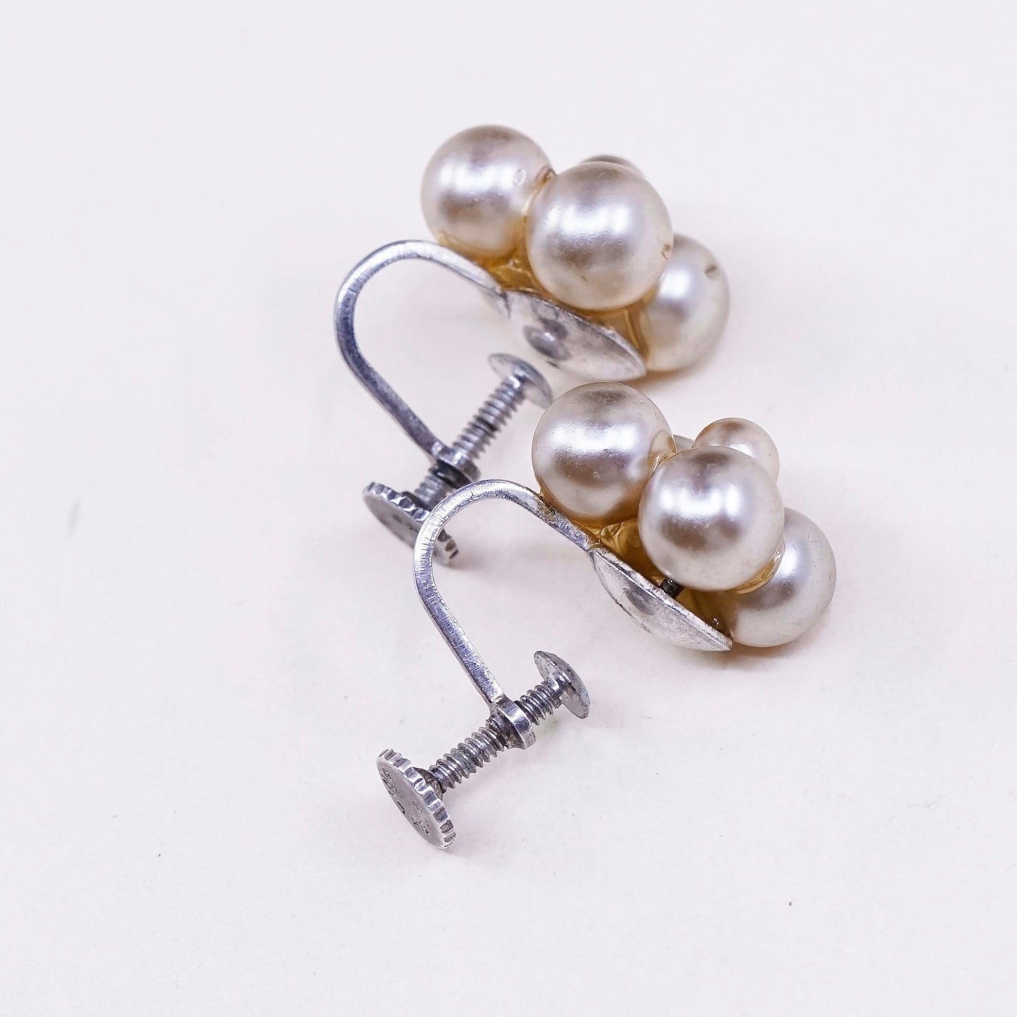 Vintage sterling silver handmade earrings, 925 screw back with pearl