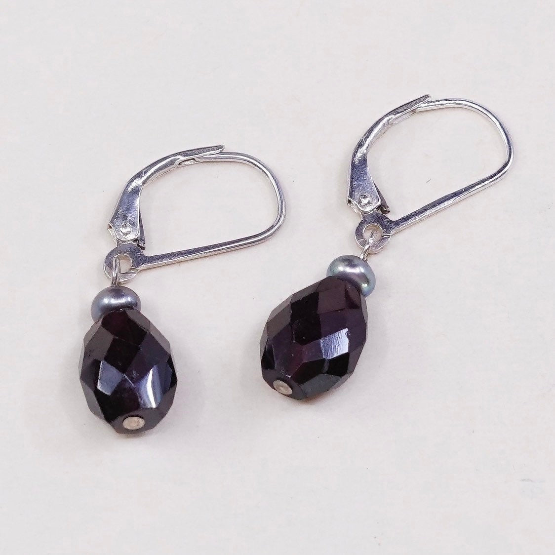 vtg Sterling silver handmade earrings, 925 beads w/ checker cut garnet beads