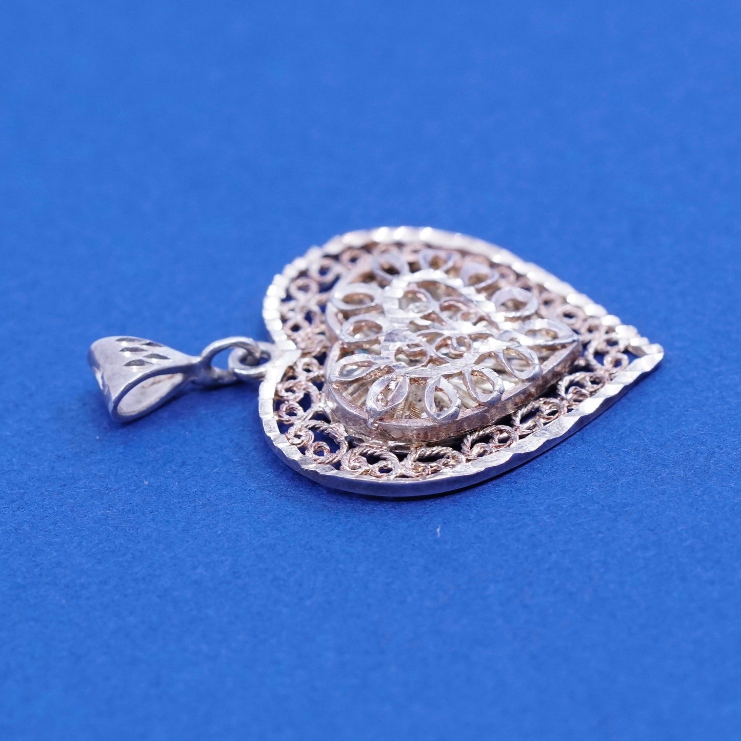 vtg Sterling silver handmade pendant, 925 puffy filigree heart