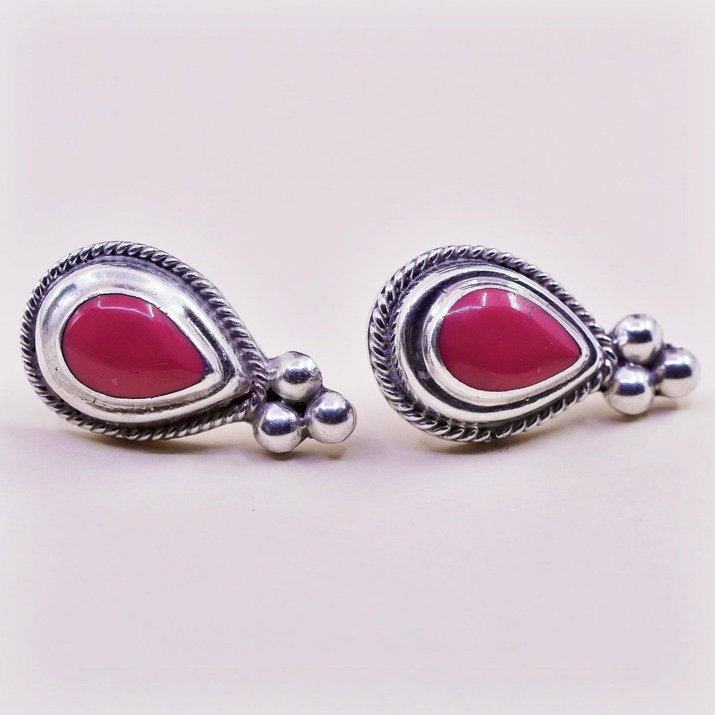 vintage Mexico handmade Sterling silver studs, 925 teardrop earrings pink onyx