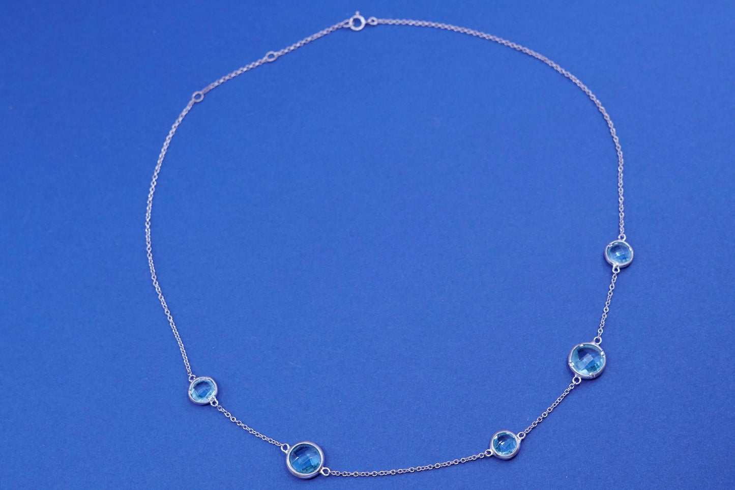 16+2”, vintage Sterling silver handmade necklace, 925 circle chain with blue Cz