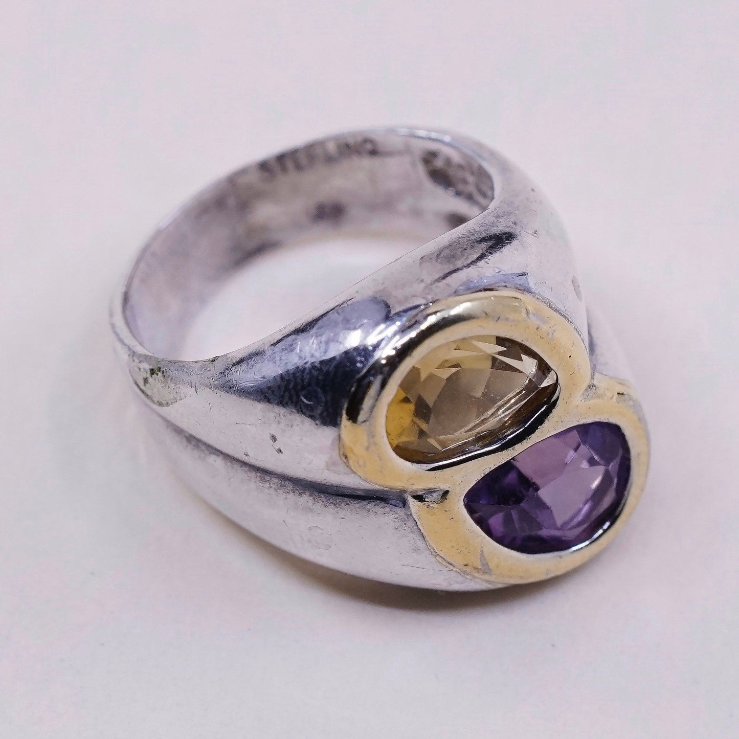 sz 6.25, IS 14K gold trim with sterling 925 silver ring and citrine N amethyst