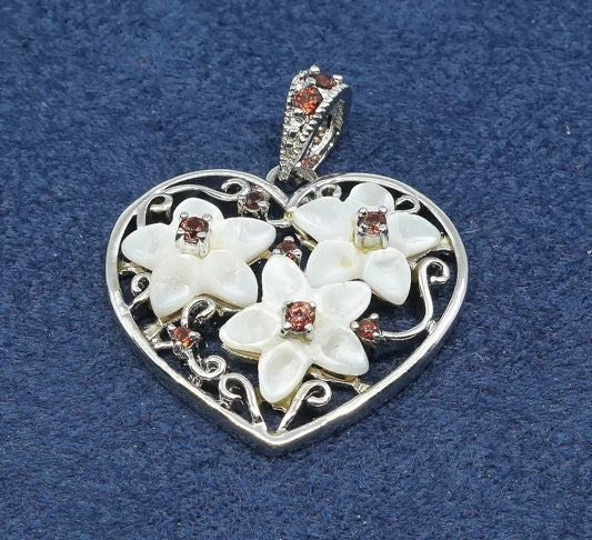 vtg sterling silver handmade pendant, 925 heart w/ mother of pearl flower ruby