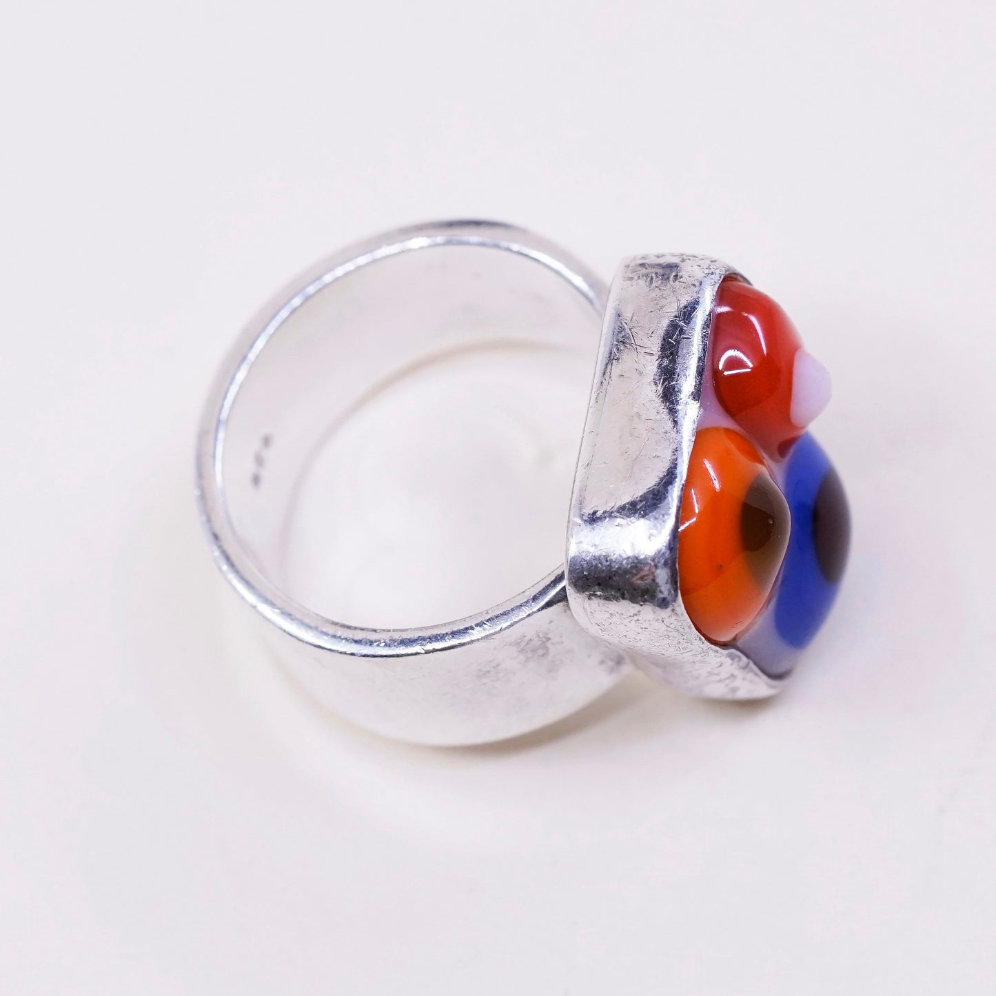 sz 7, vtg sterling 925 silver handmade ring w/ blue purple dots glass