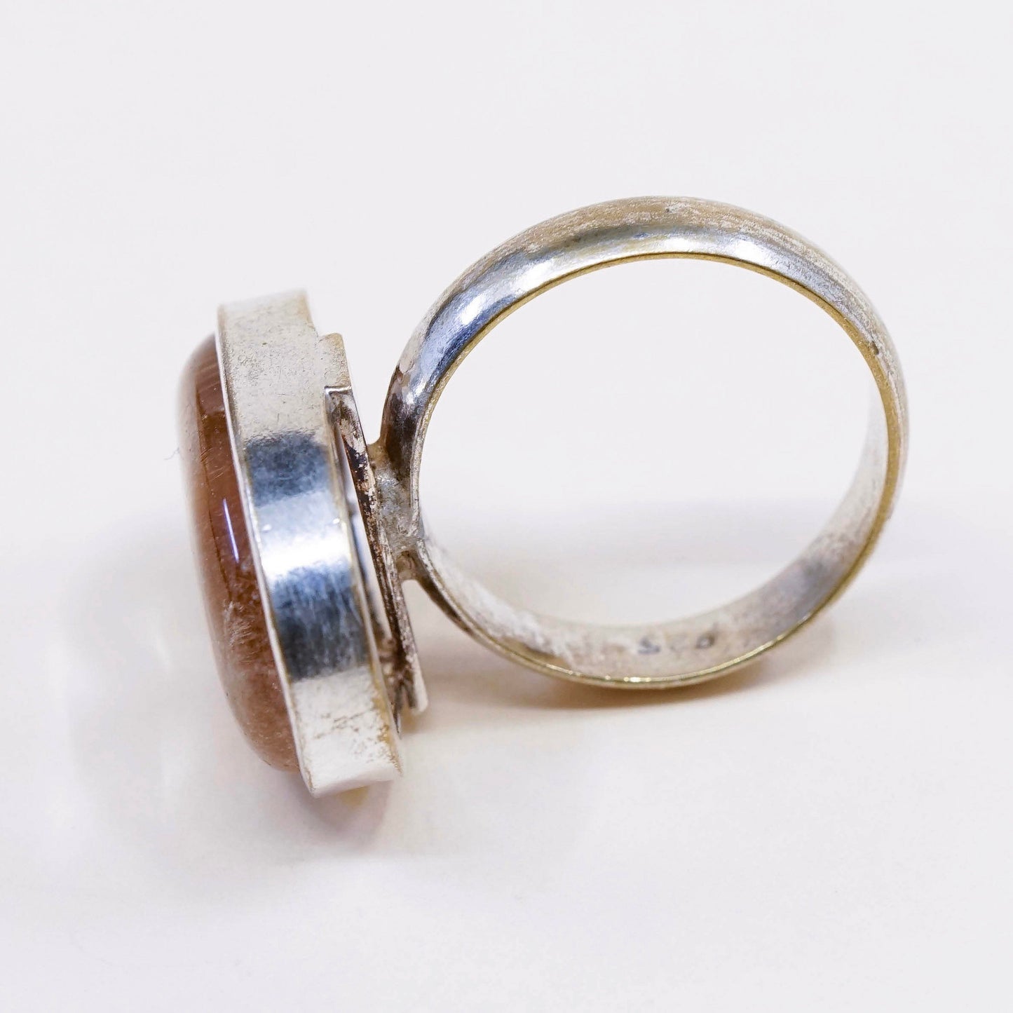 sz 7.75, vtg sterling 925 silver over brass handmade ring w/ Rutilated Quartz