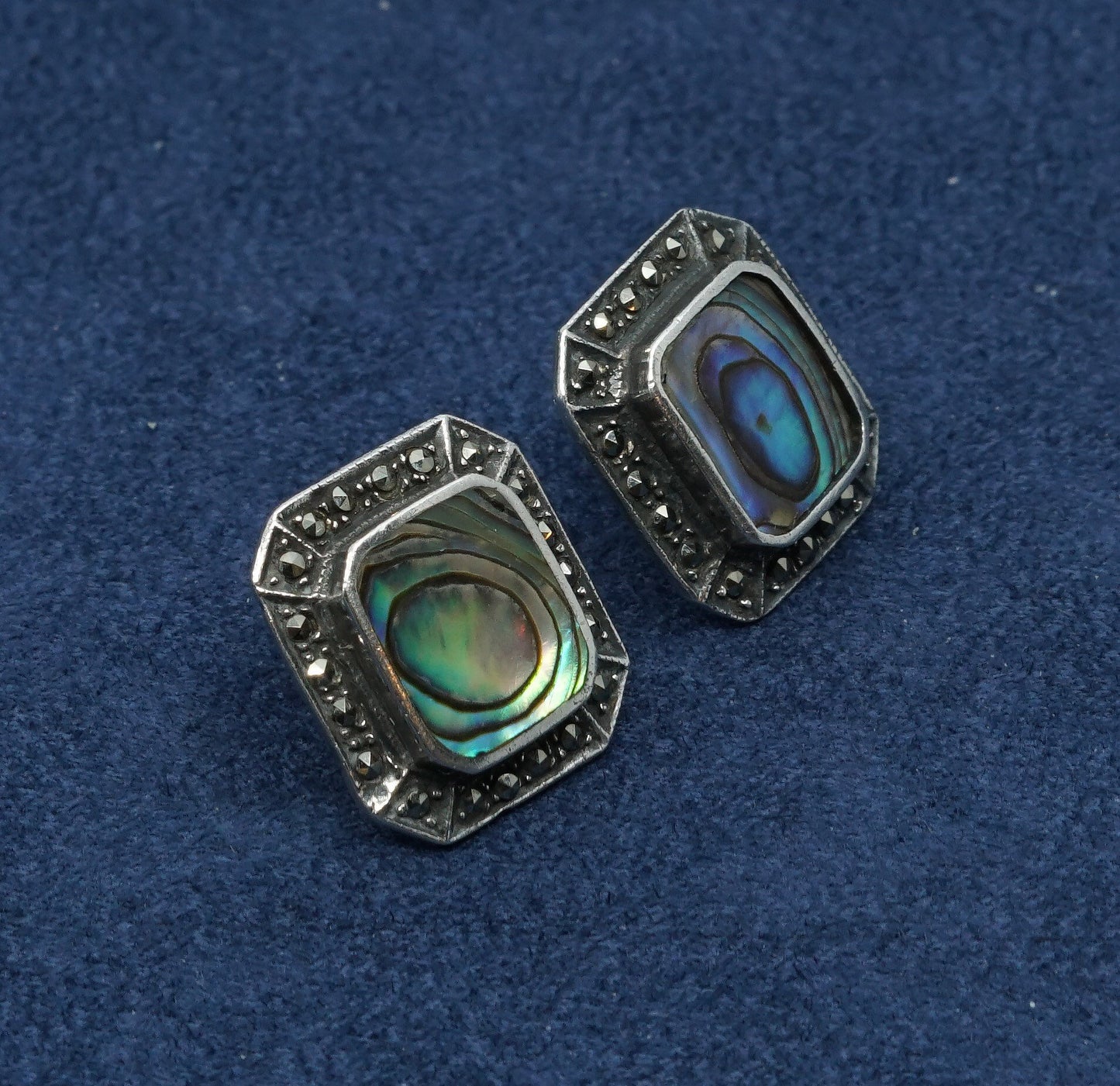 vtg sterling silver handmade earrings, 925 studs w/ abalone N marcasite