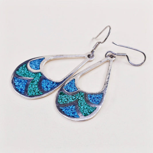 vtg sterling silver handmade earrings, mexico 950 teardrop w/ turquoise