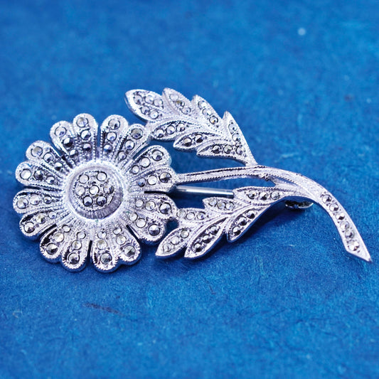 Vintage sterling silver handmade brooch, 925 flower pin marcasite