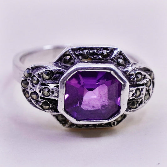 Size 6.25, Vintage sterling 925 silver handmade ring with amethyst marcasite