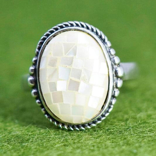 Size 8.75, Vintage sterling silver handmade ring with oval mother of pearl