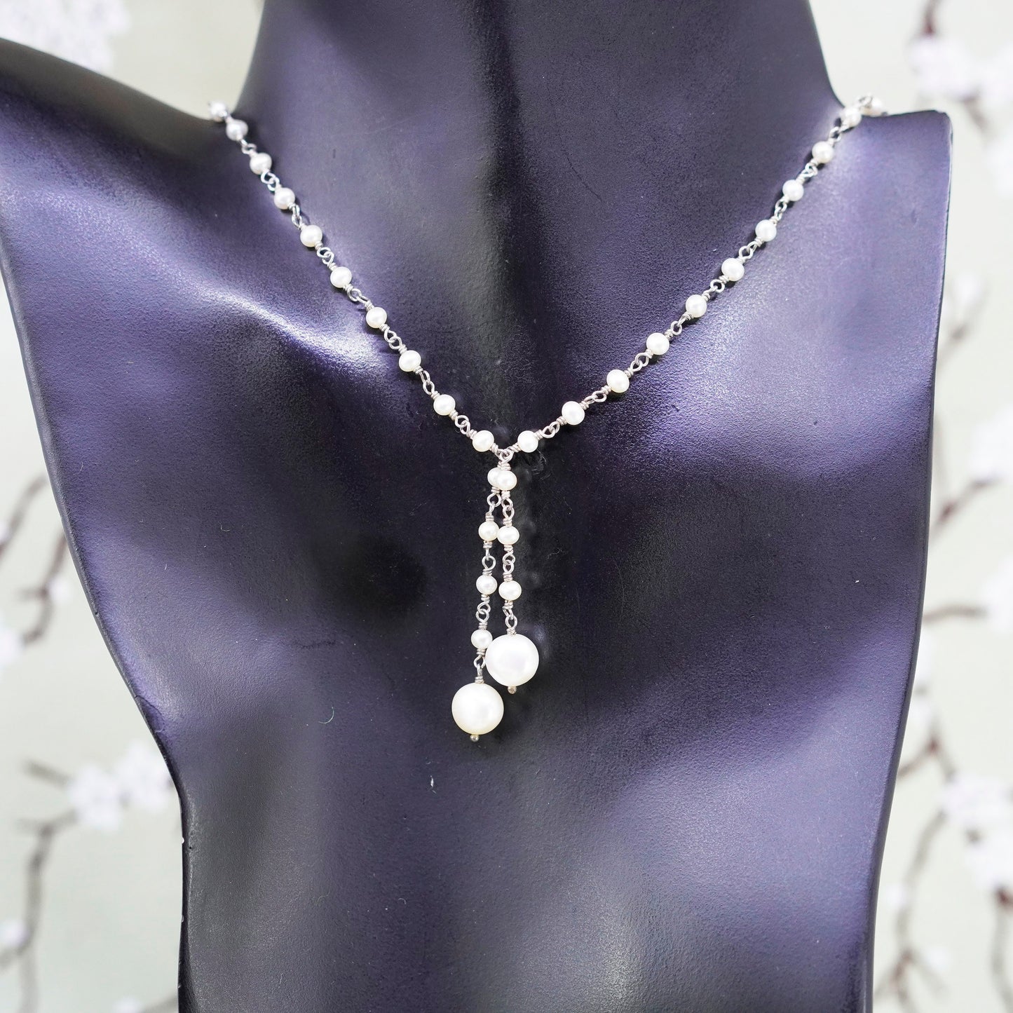 16”, Vintage sterling silver handmade necklace with pearl and pendant