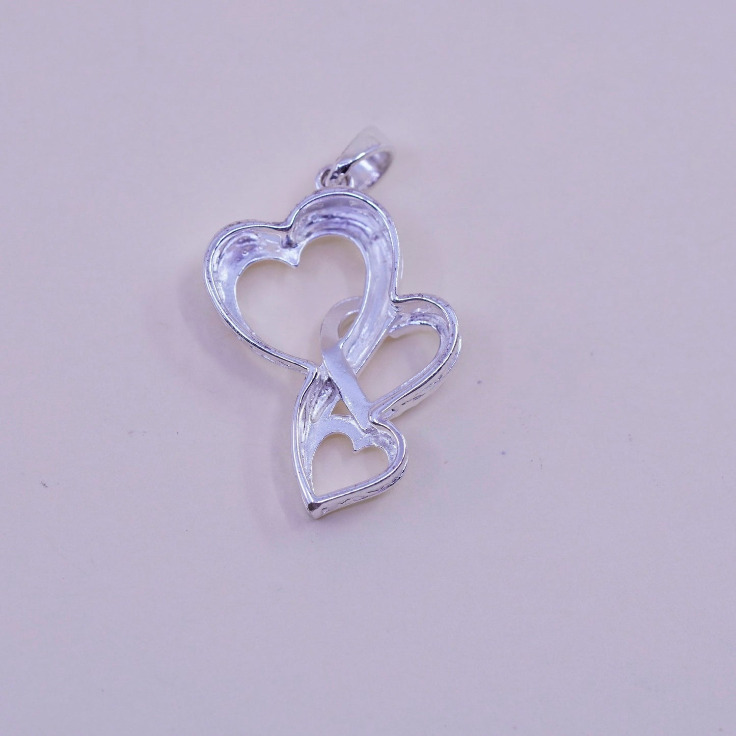 Vintage sterling silver pendant, 925 triple hearts with crystal