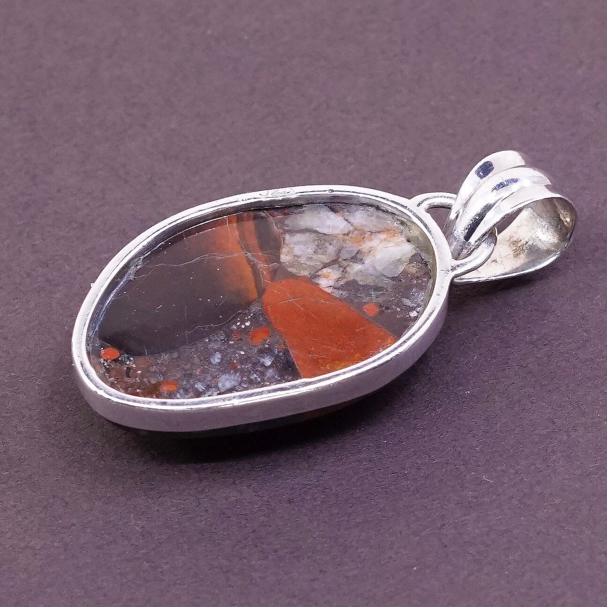 vtg Sterling silver handmade pendant with red and orange landscape jasper