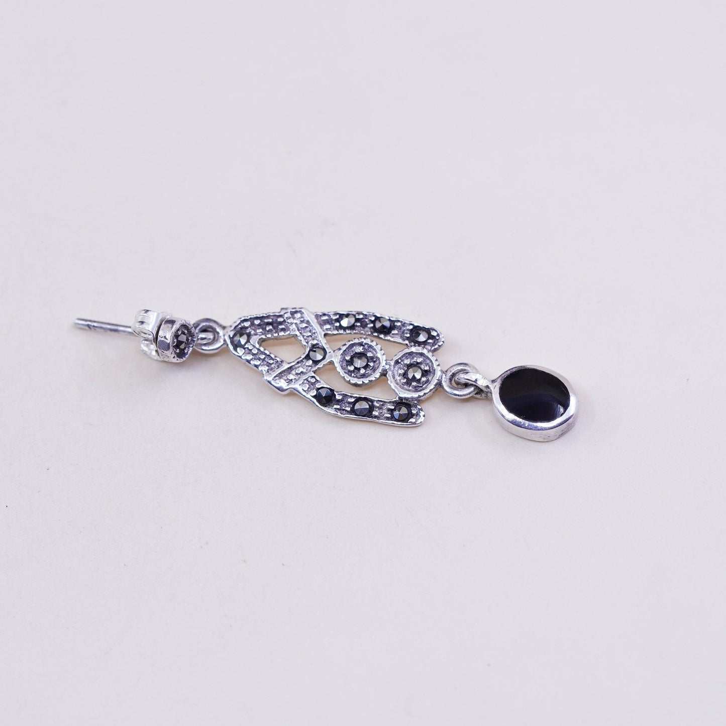 Vintage Sterling 925 silver handmade earrings with obsidian and marcasite