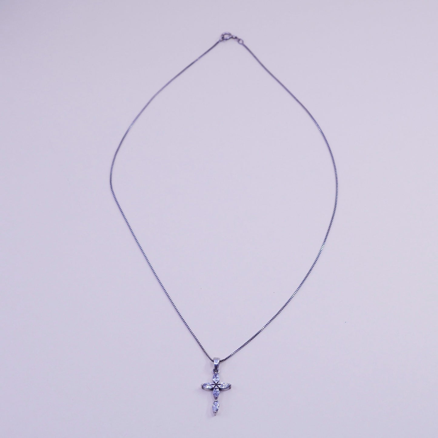 18”, 1mm, Vintage sterling silver box chain with cz cross pendant, necklace