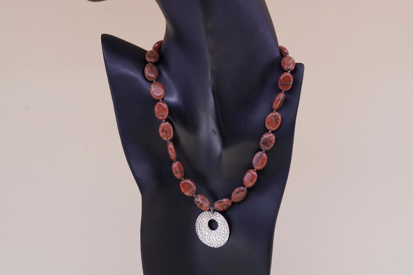 16”, sterling 925 silver necklace with bloodstone beads N hammered circle disc