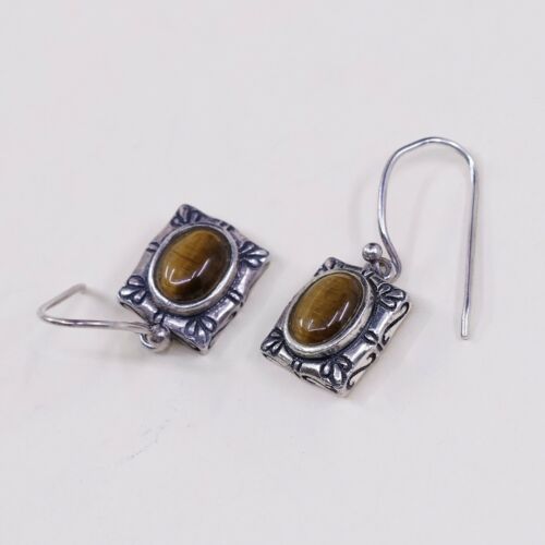 Vtg Sterling Silver Handmade Earrings, 925 Silver W/ Golden Tiger Eye