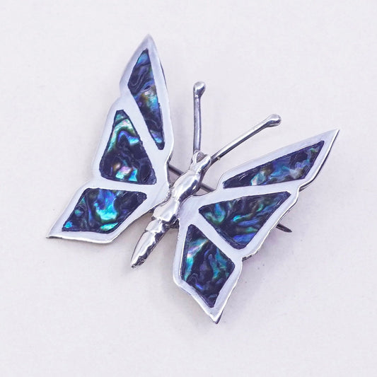 Antique Sterling silver handmade brooch, 925 butterfly brooch with abalone
