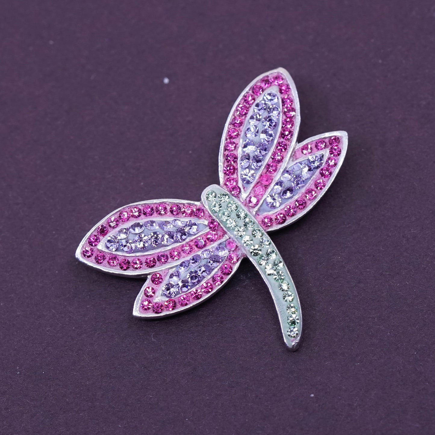 vtg Sterling 925 silver handmade pendant with cluster pink crystal dragonfly