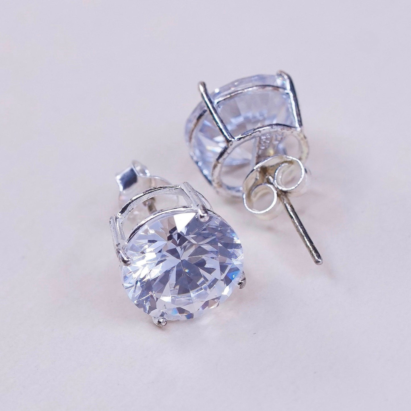 10mm, vtg sterling silver genuine cz studs, fashion minimalist earrings