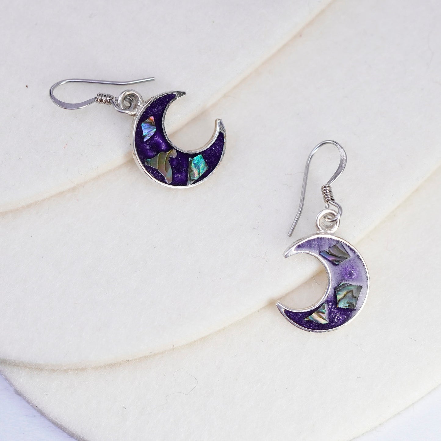 Vintage Sterling 925 silver handmade moon earrings with enamel inlay