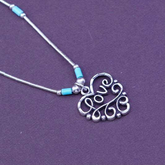 16” Sterling 926 necklace w/ filigree heart love, liquid silver chain turquoise