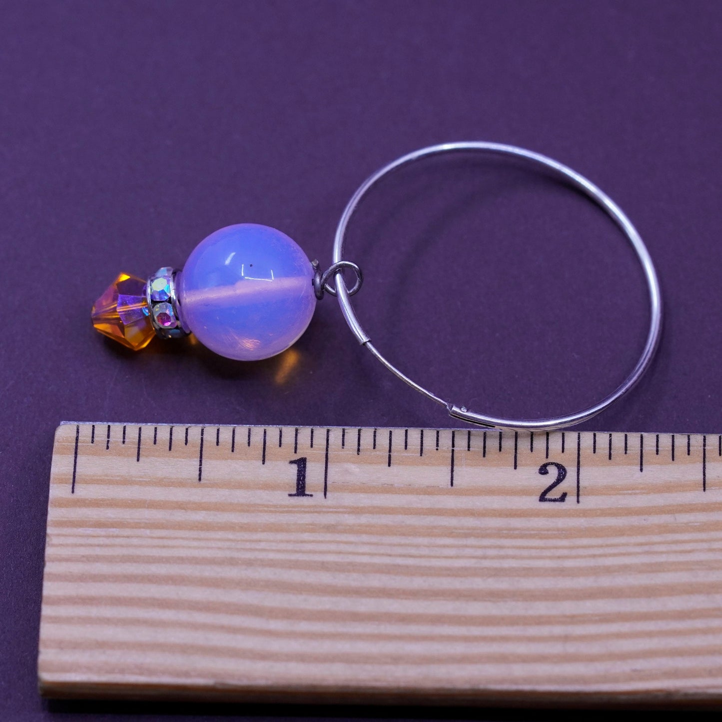 vtg Sterling silver handmade earrings, 925 Huggie hoops glass moonstone beads