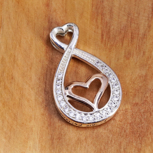 vtg Sterling silver pendant, 925 infinity loop hearts crystal “mother daughter