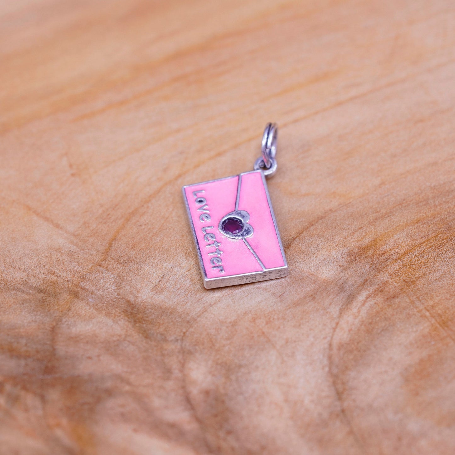 vtg Sterling 925 silver handmade love letter pendant with pink enamel and ruby