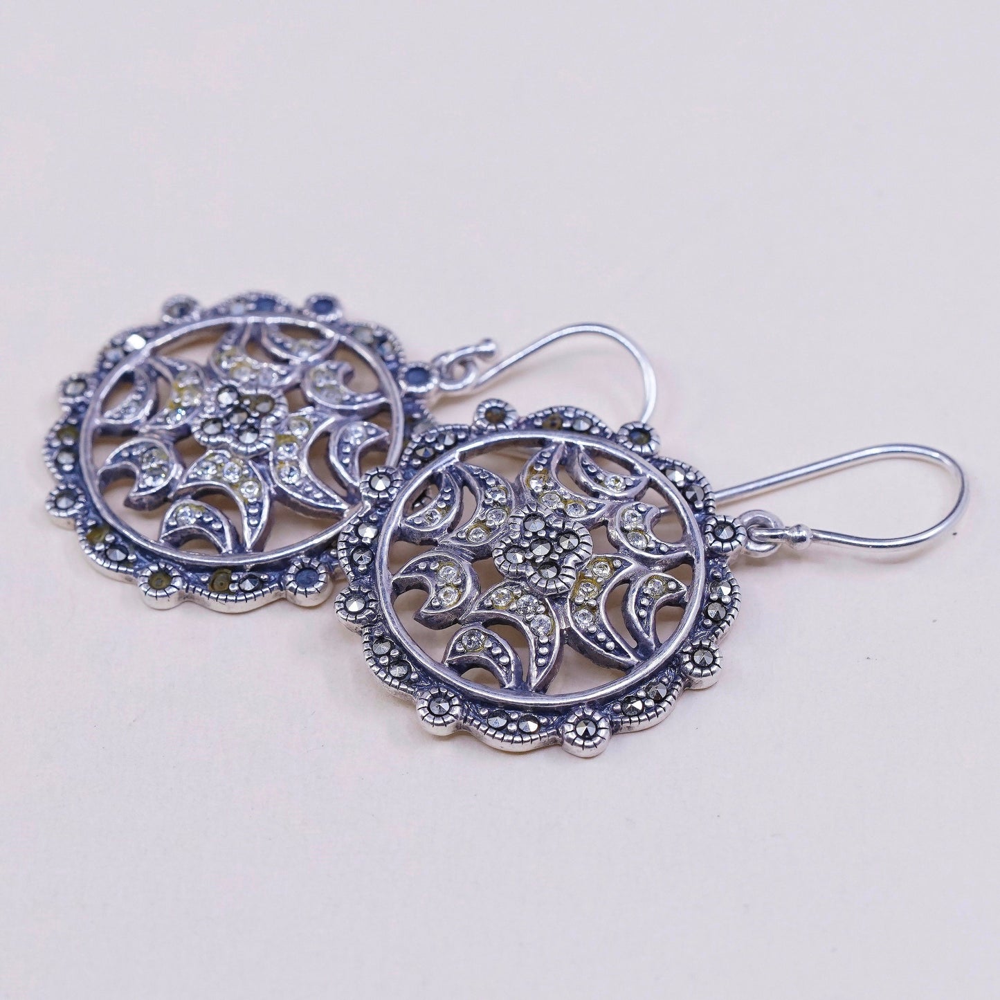 VTG sterling silver handmade earrings, 925 w/ cluster Cz n Marcasite