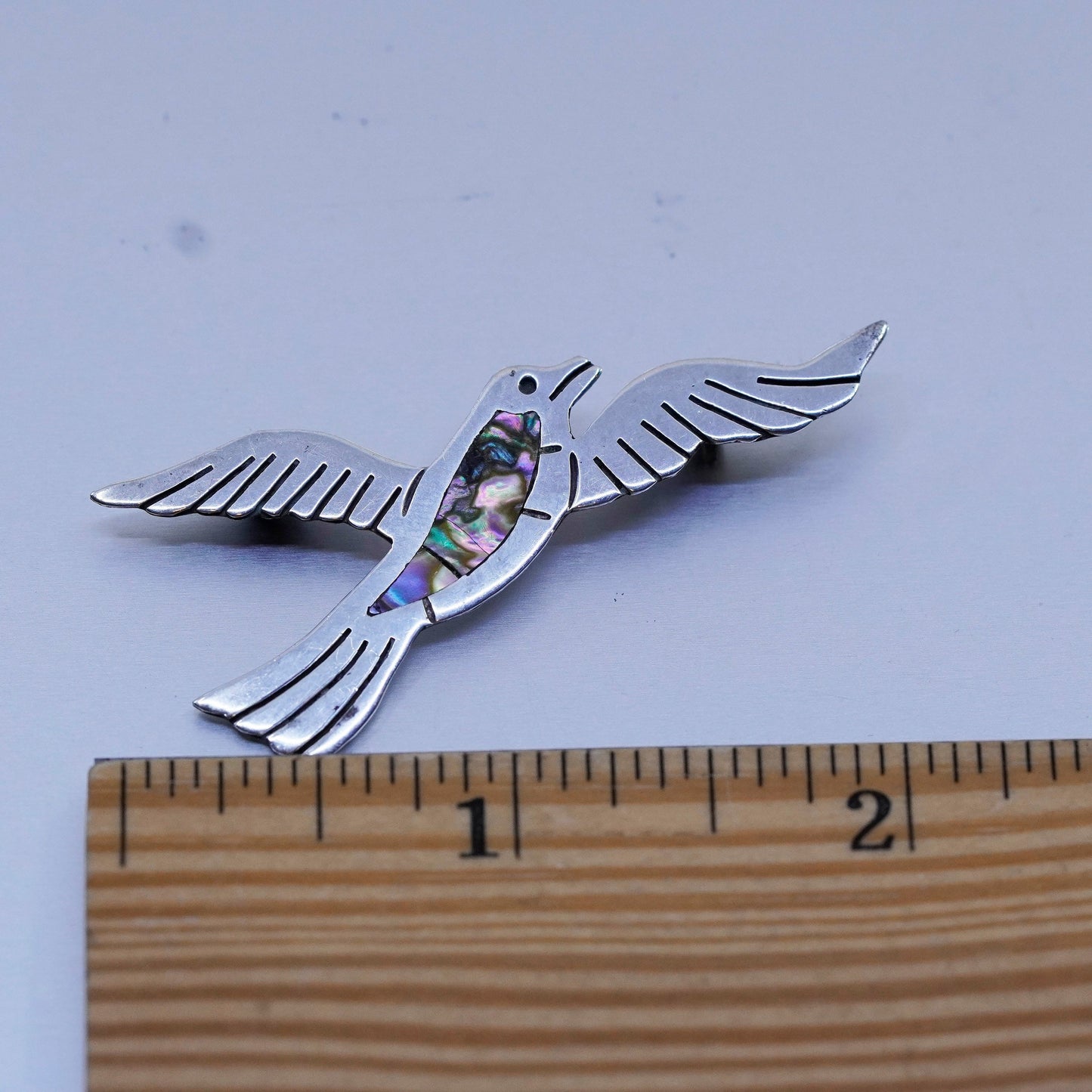 Vintage Mexico sterling 925 silver handmade bird brooch, pin with abalone