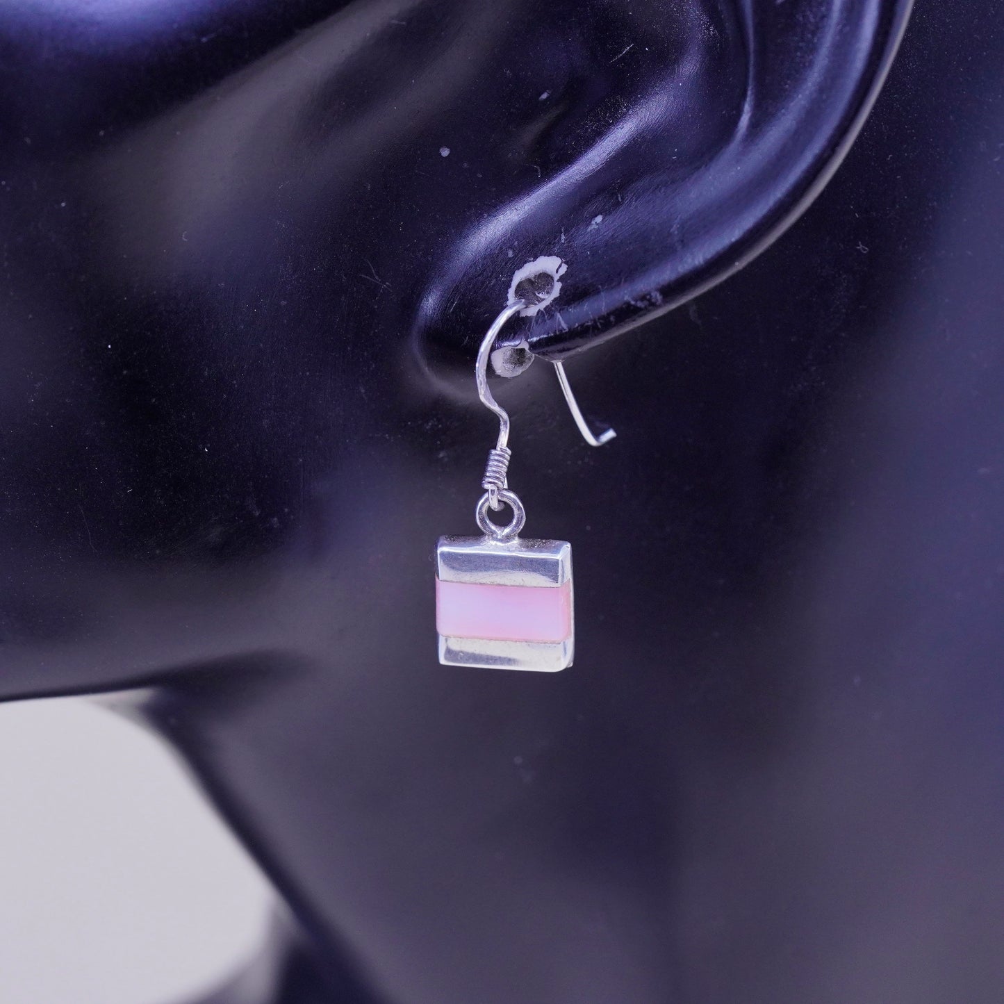 Vintage sterling 925 silver handmade earrings with square pink mother of pearl