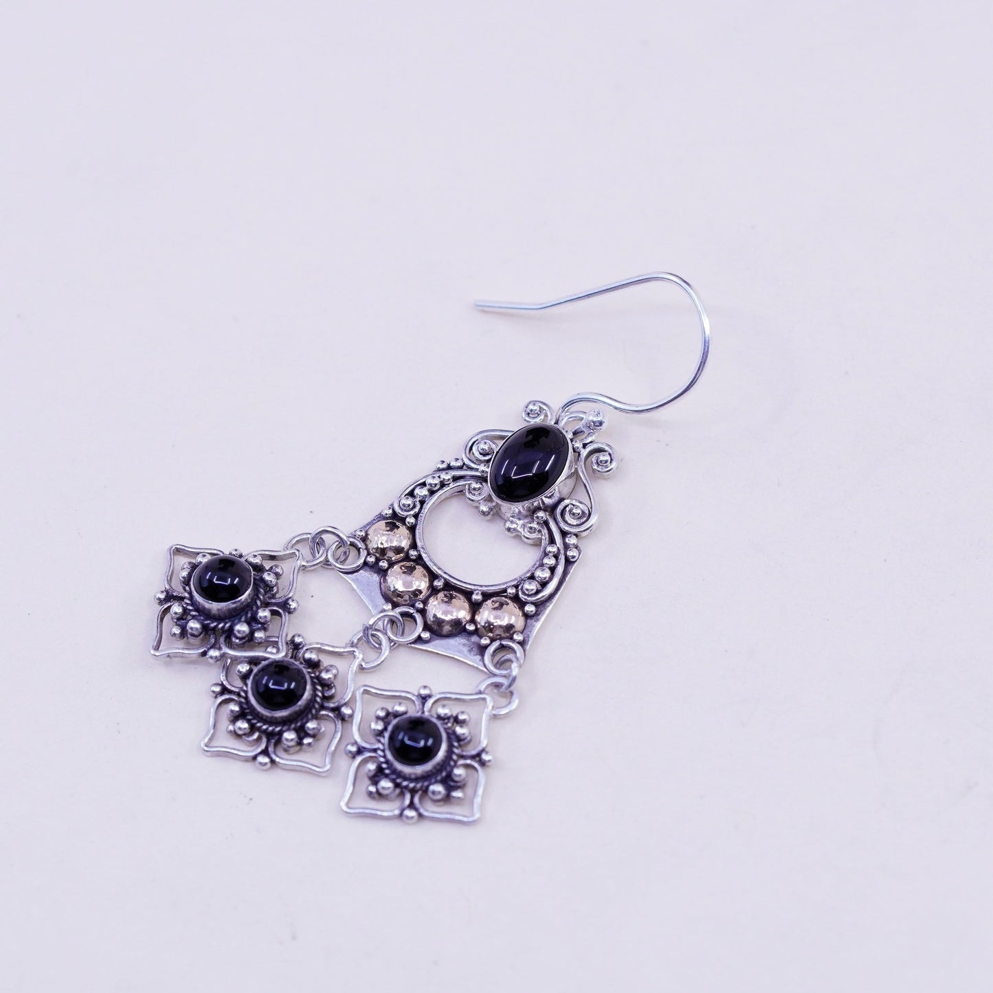 Vintage two tone Sterling 925 silver handmade earrings with obsidian and beads