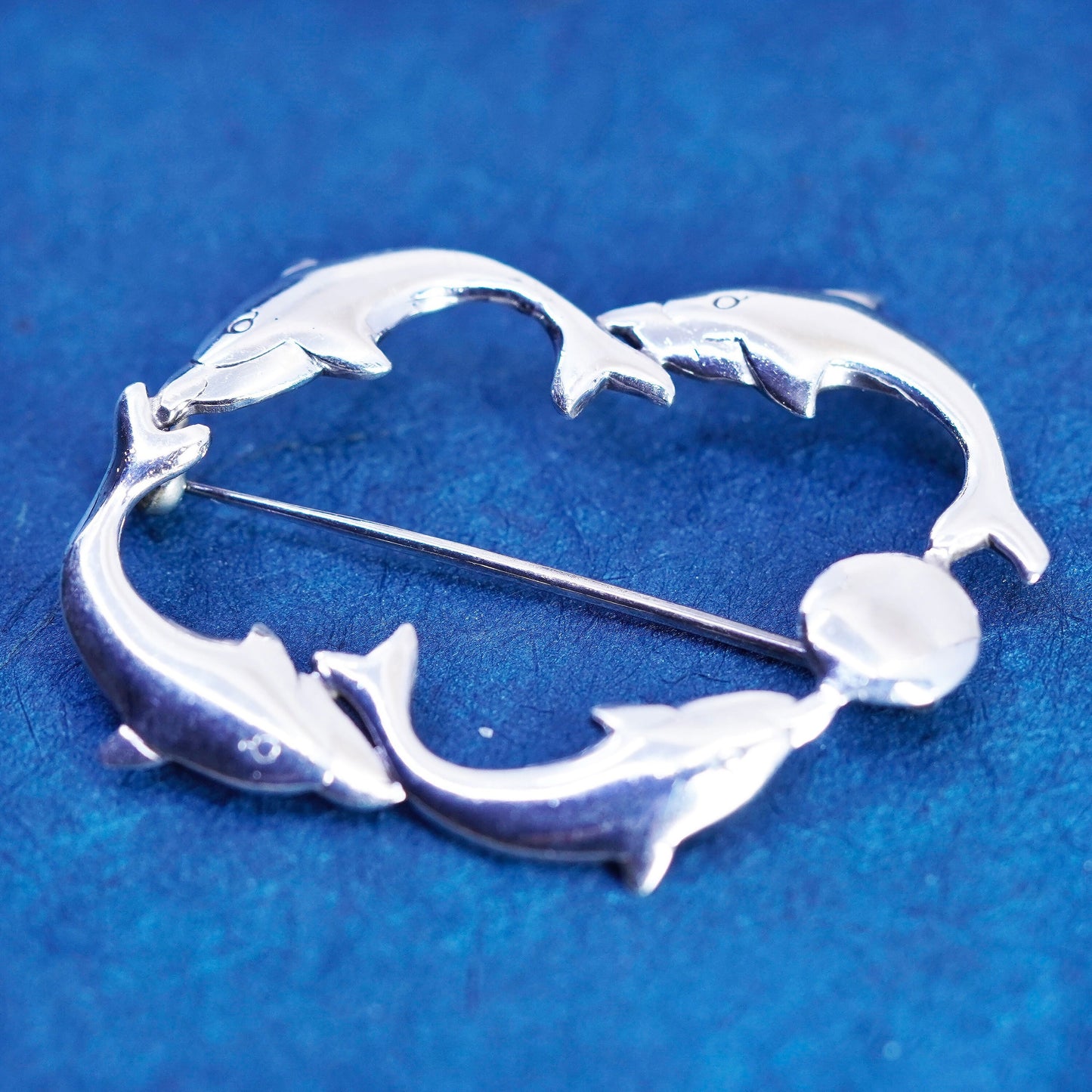 vintage Sterling 925 silver handmade brooch, four dolphin circle pin